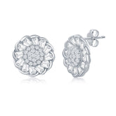 Sterling Silver Micro Pave Center & Baguette CZ Border Flower Design Stud Earrings